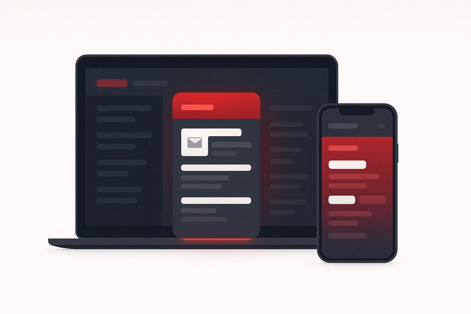 واجهة بريد احترافي تظهر على لابتوب وهاتف بألوان متقن تك، تعبّر عن أهمية الإيميلات الرسمية للشركات.